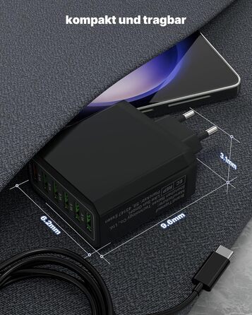 Зарядний пристрій USB 2 шт, 6 портів 33W QC 3.0 + USB 3.1A, мережевий адаптер для iPhone 16/15/14/13/12/11 Pro Max SE XR XS, iPad Pro, Samsung, смартфонів - Чорний