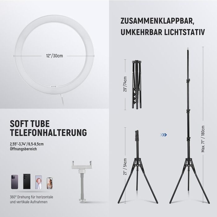 NEEWER Комплект кільцевого світла для фото та відео: 48 см, 52 Вт, регульоване LED кільцеве світло з штативом та Bluetooth для смартфона, YouTube, селфі (RH12B Pro)