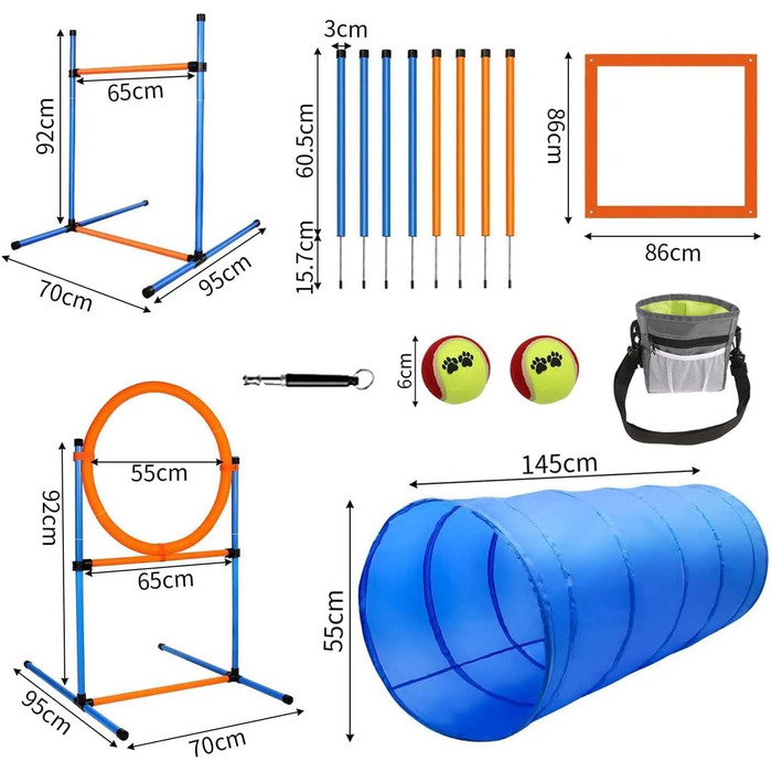 Набір для аджиліті для собак, 65 предметів: тунель, перешкоди, фігури для слалому, кільце для стрибків, м'ячики, переносна коробка, сумка для ласощів, сумка для перенесення