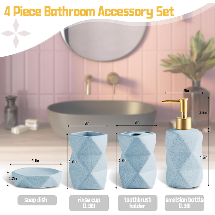 Bathroom Accessories Set, Blue Bathroom Accessories Set, Soap Dispenser, Toothbrush Holder, Cup, Soap Dish, Modern, Elegant, Bathroom Organizer, Ceramic Bathroom Decor Set (Blue)