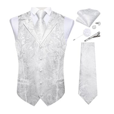 Набір краватка, жилет, нагрудна хустинка, запонки та лапільєрний шпилька Dibangu для весілля та свят (7 шт., шовк, Paisley)