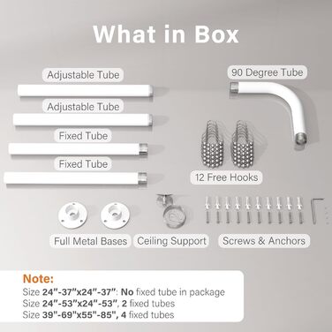 Кутова душова штанга L-подібної форми, регульована, з 12 гачками та підставкою для стелі – 99,1 см – 175,3 x 149,3 см – 215,3 см (білий)