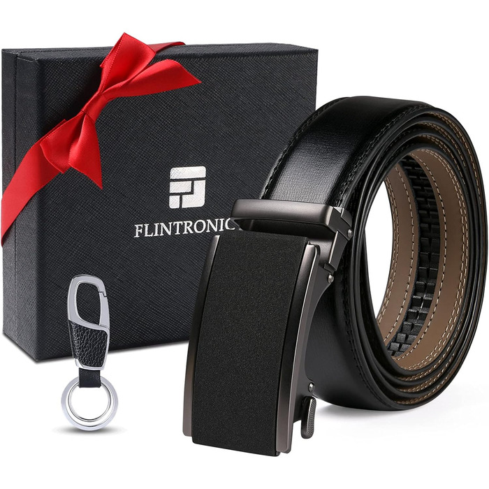 Чоловічий шкіряний ремінь Flintronic з автоматичною пряжкою, ширина 3.5 см, довжина 130 см, з лінійкою та брелоком, чорний