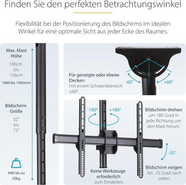 Стельовий кронштейн для телевізора StarTech 32-75 дюймів VESA (FLATPNLCEIL) — регульований за висотою, поворотний та нахильний тримач для одного екрана
