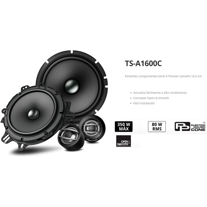 Автомобільна акустика Pioneer TS-A1600C 16,5 см, 2-смугові компонентні динаміки, 350 Вт, потужний звук, високий ККД, монтаж 59 мм, з решіткою