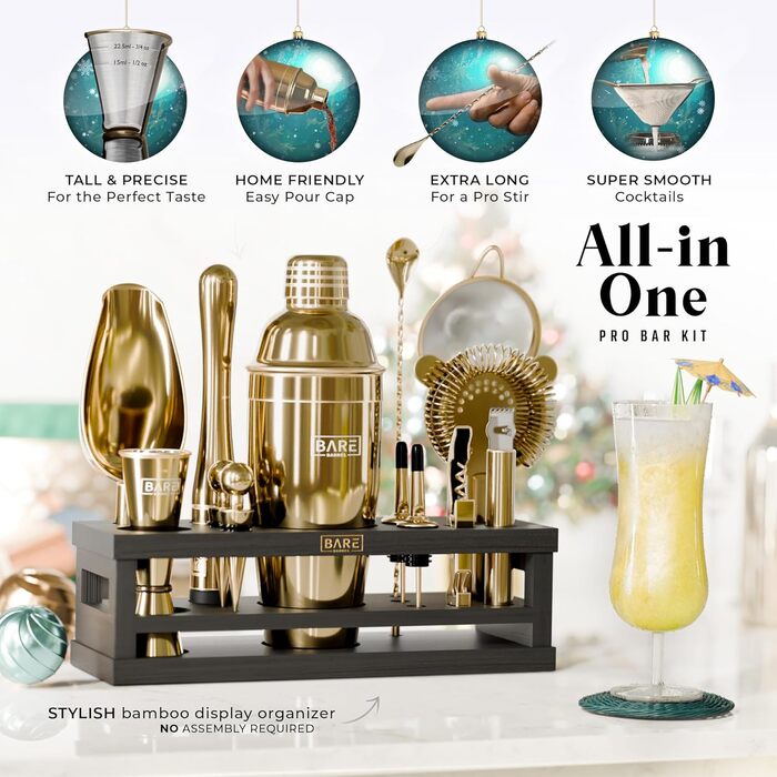 Набір бармена BARE BARREL® для приготування коктейлів | 16 предметів | Шейкер, барний аксесуар, інструменти для дому | 35 рецептів | Подарунковий набір