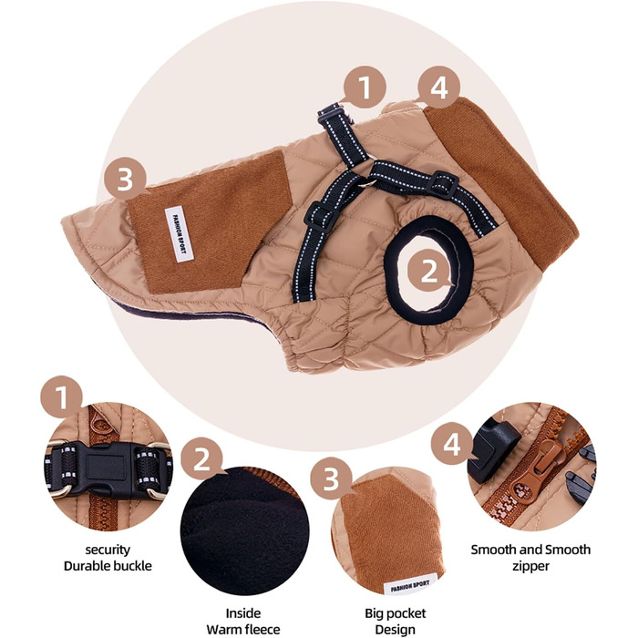 Dog coats with harness, winter warm jacket windproof pet clothing with pocket design snowsuit dog coats for small to medium dogs (M, Khaki)