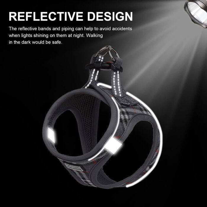 Шлейка для собак Suredoo, маленькі та середні породи, анти-тяга, світловідбиваюча, дихаюча, для цуценят (M, 34-39см; XL, 46-53см, 8-10.5кг), сіра в клітинку