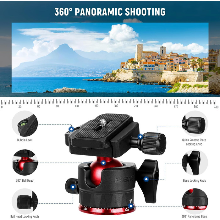 Штатив для камери NEEWER BASICS 77' з моноподом, кульковою головкою 360°, QR-пластиною Arca, компактний, легкий, алюмінієвий, для подорожей, відеозйомки, з перевернутими ніжками та центральною колоною, до 6кг (TP17)