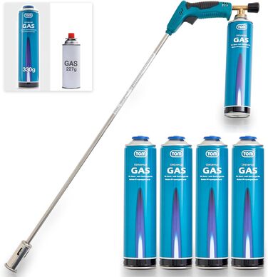 TOM Weed Burner Set + 4 x 330 g Universal Gas Cartridge with Screw Thread 600 ml – Flaming Device ideally suited for weed removal on paving stones, sidewalks, and paved joints. Grill lighter, Blue