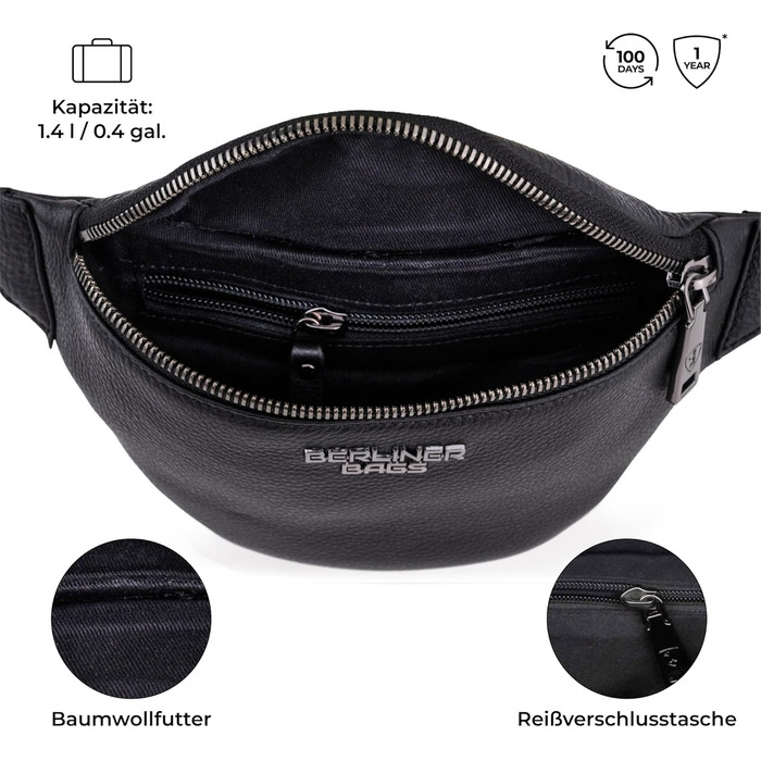 Berliner Bags преміум поясна сумка Mona з натуральної шкіри, через плече, кросбоді, чорна, M