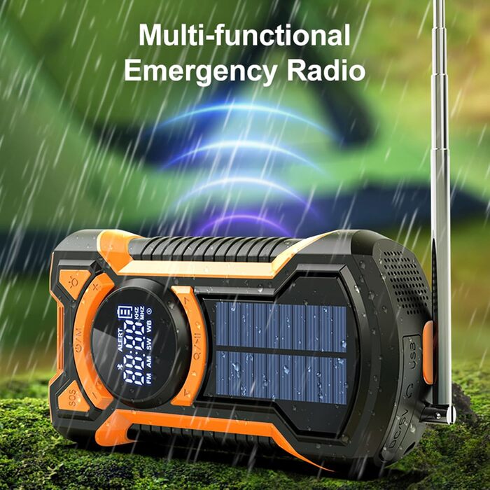 Радіо на сонячній батареї з ручкою, 5000mAh, Bluetooth, USB, FM/AM, SOS-сигнал, ліхтарик, IPX5, для кемпінгу та надзвичайних ситуацій