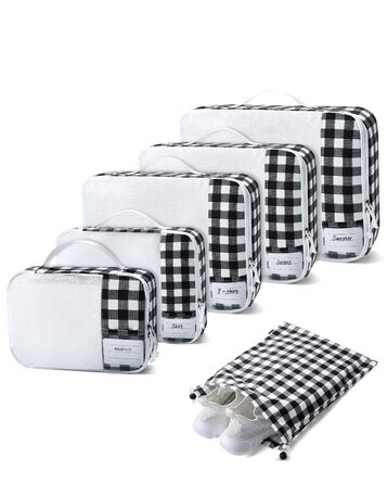 Органайзер для валізи ECOHUB, набір 6 шт. з ID-міткою, екологічні валізи для подорожей, легкі дорожні сумки, дихаючий рюкзак-органайзер, патент на корисну модель (зелений) (чорно-білий)