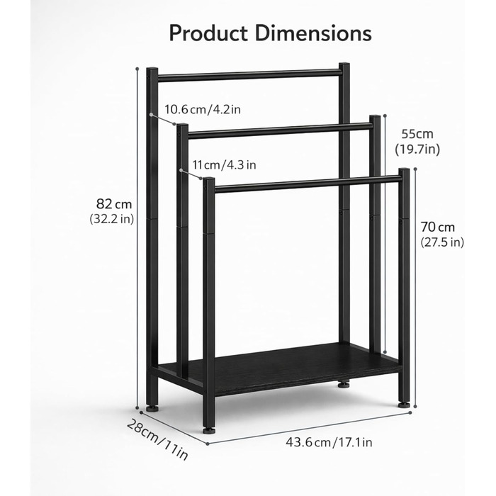 Підставка для рушників підлогова металева, рушниківець freestanding на 3 стріжні, чорний — для ванної кімнати, вітальні та спальні
