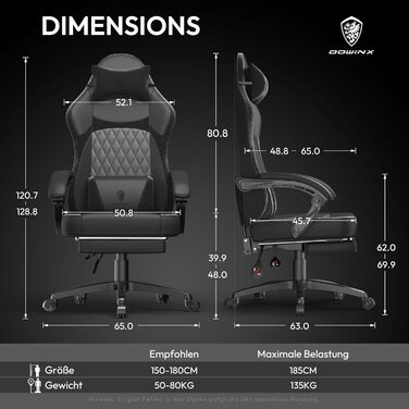 Ігровий крісло Dowinx з PU-шкіри, ергономічний дизайн, масаж, підтримка попереку, до 150 кг (Чорний)