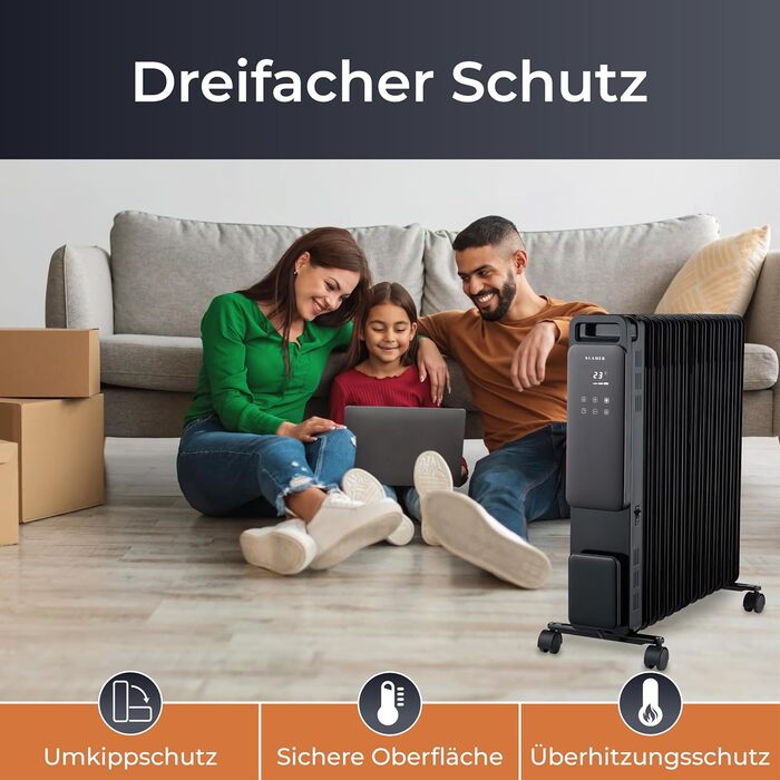 KLAMER Oil Radiator 2500 W, Electric Heater Energy-Saving, 13 Fins, 3 Heating Levels with Eco Mode, 24h Timer, Thermostat, Overheat & Tip-Over Protection, with Remote Control, for Indoor Use, Black