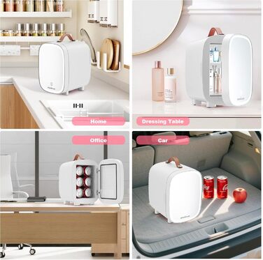 Mini-холодильник Enventor на 6 банок: косметичний холодильник з регульованим LED-дзеркалом, AC+12V DC, охолоджувач та нагрівач для спальні, дому, авто/догляду за шкірою та харчовими продуктами (білий, 4L)