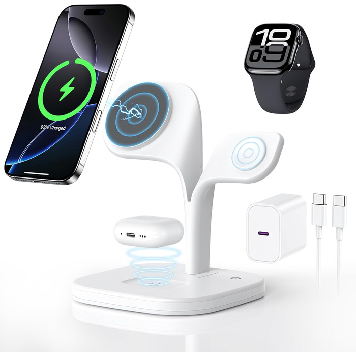 Зарядна станція 3-в-1 для Apple Watch та iPhone з MagSafe, білий колір. Підходить для iPhone 17, 16, 15, 14, 13, 12 Series, Apple Watch 11, 10, 9, 8, 7, 6, 5, 4, 3, 2, SE, Ultra, AirPods Pro/4/3/2. Потужність: 20W.