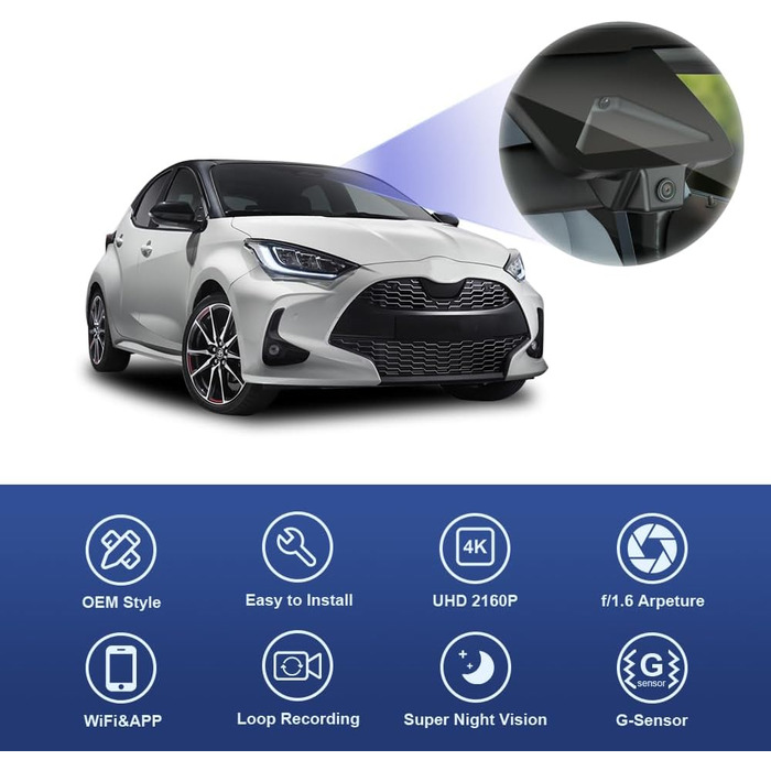 Відеореєстратор Fitcamx 4K для Toyota Yaris/Yaris Cross (2024-2026) з WiFi, нічним баченням, G-сенсором та картою 64GB