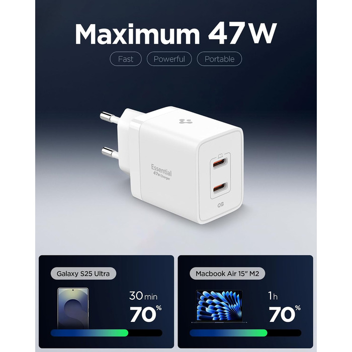 Зарядний пристрій Spigen ArcStation Essential GaN 47W USB-C з PPS, PD 3.0 – для iPhone, Pixel, Samsung, MacBook (Білий)