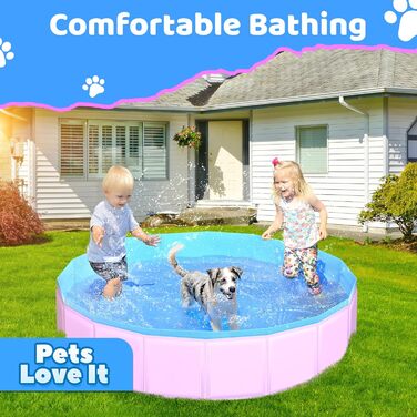 80x20 cm Foldable Dog Pool – Collapsible Plastic Hard Pool for Dogs and Children, Non-Slip Pet Bathtub for Outdoor Use in the Garden, Lightweight and Portable (Pink, 220x30cm)