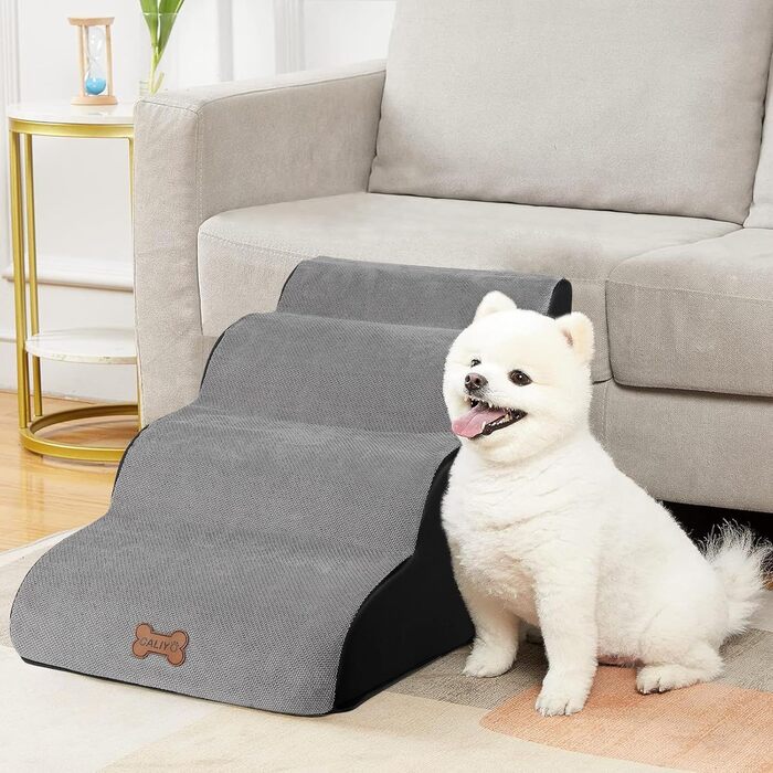 Сходинки для собак Caliyo, 4 сходинки, сірі. Сходи для собак та котів, 40 см, з миючим чохлом та неслизьким дном. Підходять для ліжка, дивану та авто (60×40×40 см)