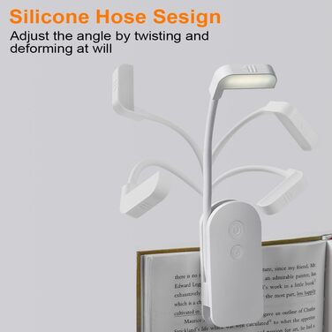 LED лампа для читання з кліпсою, USB перезаряджувана, 3 режими яскравості та колірної температури, гнучка на 360°, біла