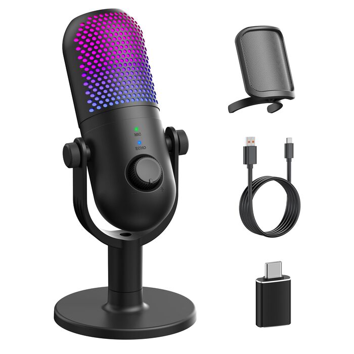 USB Мікрофон для ПК, Gaming RGB Zubehör PS4/PS5: Студійний мікрофон з регулюванням гучності, ехо та кнопкою вимкнення звуку для YouTube, Streaming, Подкастів, Windows/Mac