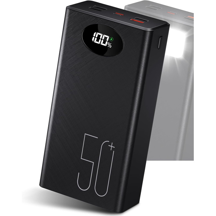 Портативний повербанк 50000 мАг з 5 виходами та 2 входами, швидка зарядка 22,5 Вт, ліхтарик, чорний