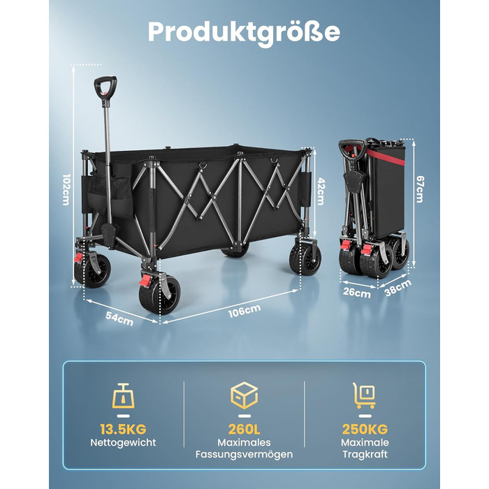 Візок-садовий YEAUPE PRO 260L, вантажопідйомність 250 кг, гальма, колеса All Terrain 17x10 см, чорний