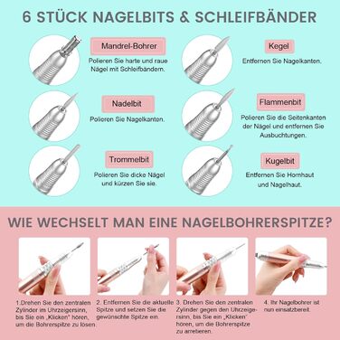 Електричний набір для манікюру та педикюру Delanie Nagelfräser 35000 U/Min 6 в 1 (рожеве золото, акумуляторний)