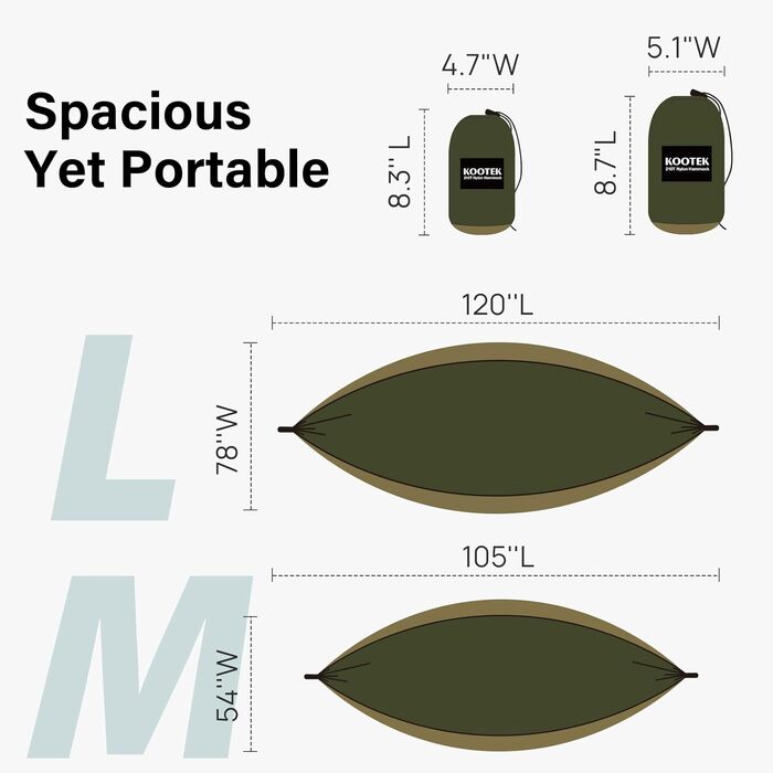 Гамак для кемпінгу Kootek, 227 кг, з ременями та сумкою, для відпочинку на природі, подорожей, пляжу, хайкінгу, оливковий & темно-хакі, великий