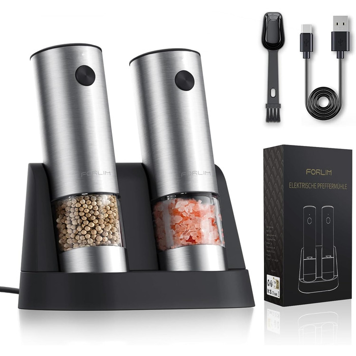 Електрична мельниця для солі та перцю FORLIM, USB-зарядка, з LED-підсвіткою, регульована ступінь помолу, 7 рівнів, 2 шт. (чорний+білий)