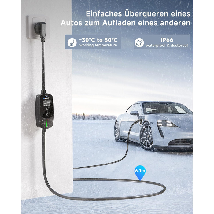 Кабель для зарядки електромобіля Type 2 Schuko 3.68kW (1-фазний, 6.1м, 6-16A) з таймером затримки 0-12 годин, для електромобілів та гібридів (PHEV/EV), чорний