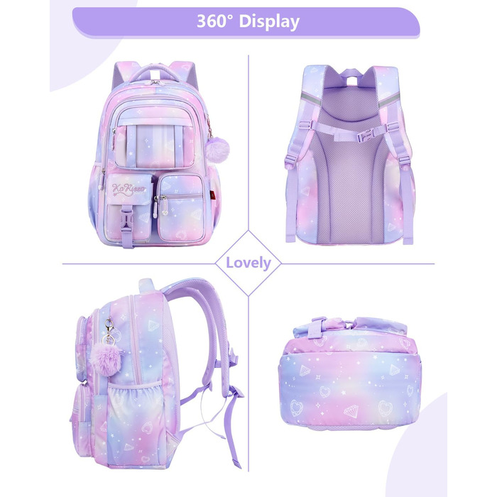 Рюкзак для дівчинки Tanou, 1-4 клас, дитячий шкільний рюкзак, водонепроникний, фіолетовий