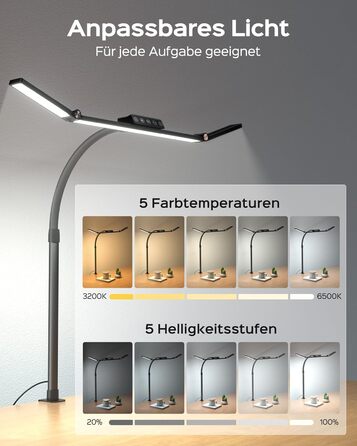 LED лампа настільна Jackyled з 3 регульованими головками, диммер, пульт, для монітора, офісу, майстерні, 5 рівнів яскравості та кольорових температур