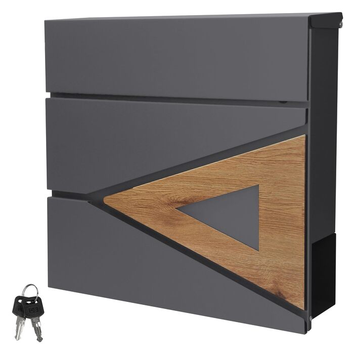 Поштовий ящик ML-Design 37x36,5x11 см антрацит/під дерево, сталевий, з газетницею, замок на 2 ключі, сучасний настінний дизайн