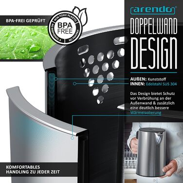 Набір Arendo: чайник, тостер та яйцеварка, нержавіюча сталь, сірий, 1.5л, 40-100°C, 4 тости, LED-дисплей, 6 рівнів підсмажування, на 1-6 яєць