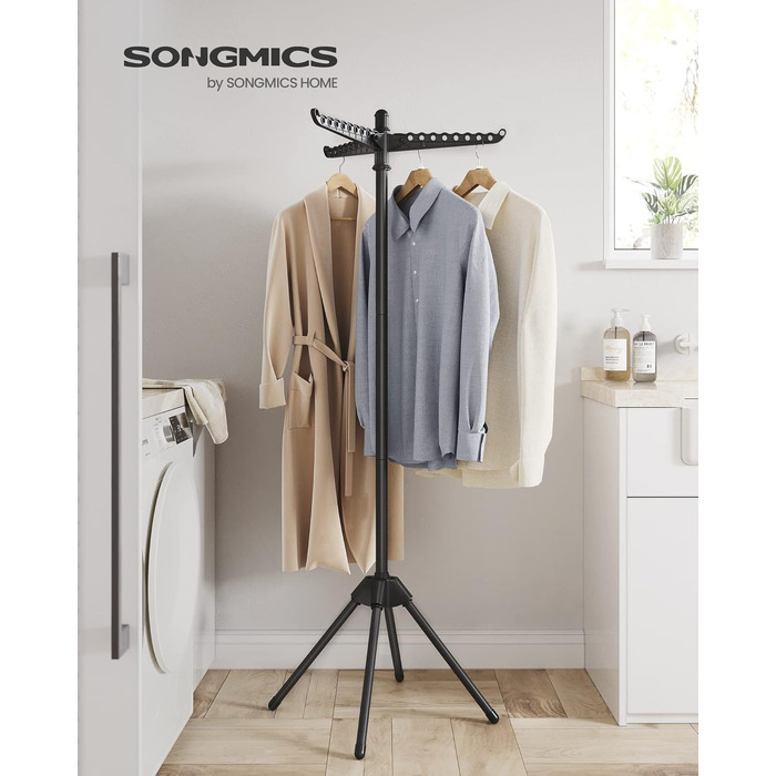 Сушарка для білизни SONGMICS BUNJI LLR510W01V1, складана стійка з нержавіючої сталі з 3 поворотними рукавами для маленьких приміщень та кемпінгу, чорна, 65x65x150 см