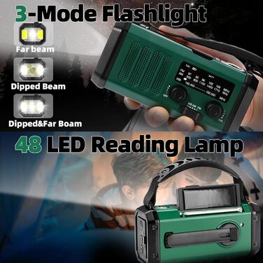 Радіо на ручному приводі з сонячною панеллю та ручкою, 37000 мWh, NOAA AM/FM, з ліхтариком та зарядкою для телефону, для дому та надзвичайних ситуацій