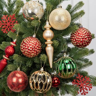 Набір прикрас для ялинки 92 шт. – Стійкі до пошкоджень ялинкові кулі блакитного та золотого кольорів – прикраси для ялинки, вінка, різдвяний декор (червоний та зелений)