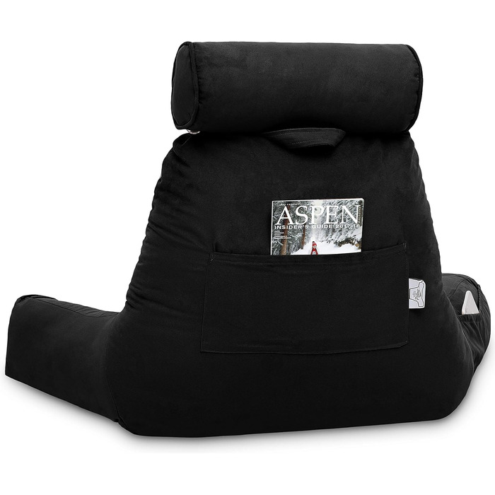 Подушка для чоловіків з підлокітниками - велика, для читання та відпочинку в ліжку. Висока спинка, преміум піна з пам'яті, знімна подушка для шиї на еластичному шнурі. Чорний колір, лише чохол.