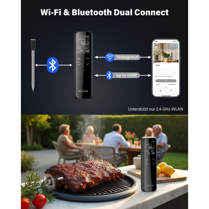 Термометр для гриля та духовки BFOUR WiFi Bluetooth з 6 датчиками, IP67, 2600mAh, керування через додаток