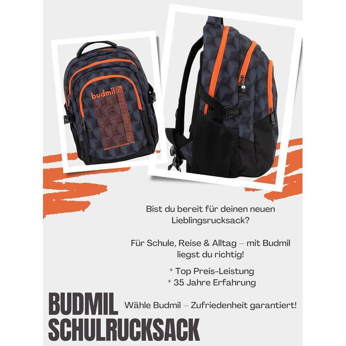Ергономічний шкільний рюкзак Budmil для хлопчиків та дівчаток 32L - для підлітків та дітей від 5 класу - водонепроникний, з 3 відділеннями та вентильованою спинкою (Edwin Orange)