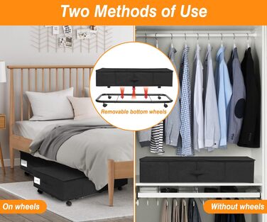 Підліжкова комода на колесах 50л, 2 шт. Складна підліжкова комода з кришкою та блискавкою, велика підліжкова система зберігання на колесах чорного кольору з металевою основою для одягу, ковдр, постільної білизни