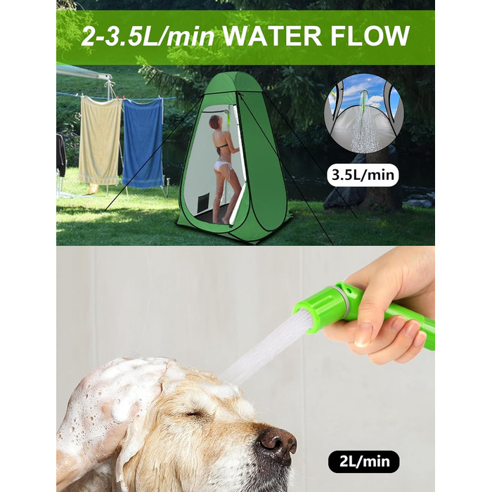 LIBERRWAY Camping Shower with Pump, Camping Shower Set with Rechargeable Battery, 2m Shower Hose Outdoor Shower for Garden Beach Camping Travel Car Washing, Mobile Shower Black (Green with Jet Head)