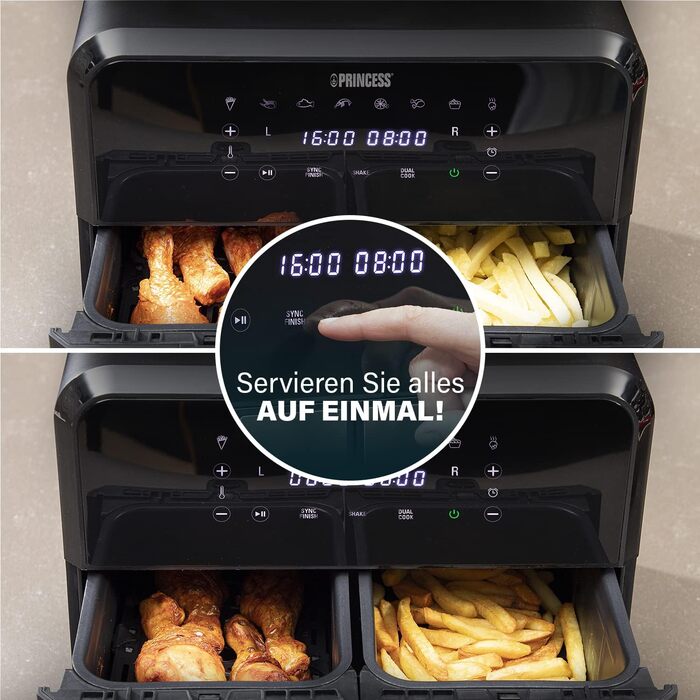 Princess Double Chamber Air Fryer with 2x4L Capacity – 62.2% Less Energy Consumption – Separate Temperatures for 2 Compartments – 8 Programs – 182074, 1700 Watts, 38.4 x 37.4 x 30.8 cm 2x4L Double Chamber Air Fryer Silver