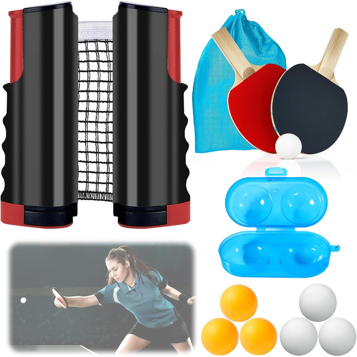 Набір для настільного тенісу: сітка, 2 ракетки, 6 м'ячів, коробка для м'ячів, сумка для зберігання. Професійний спортивний набір для гри в приміщенні та на вулиці