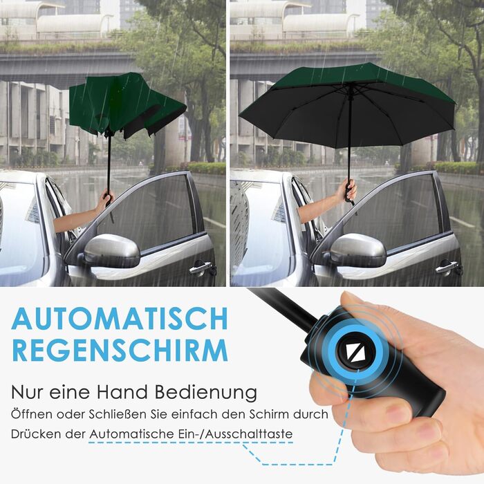 Зонт від сонця та дощу 42/46 дюймів, штормовий, автоматичний, з 8 ребрами для чоловіків та жінок (темно-зелений)
