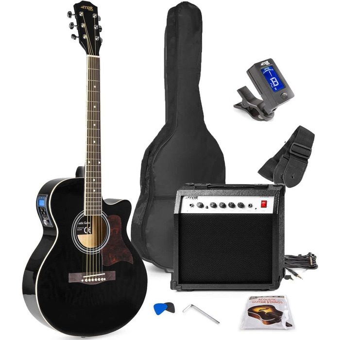 MAX ShowKit Електрична акустична гітара, комплект - підсилювач 40 Вт, підставка для нот, тюнер, чохол, медіатор - чорний